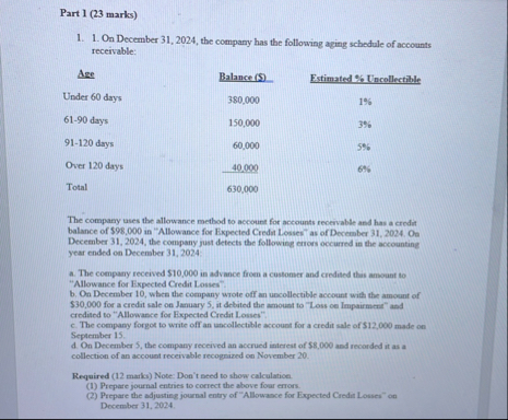 Part 1 ( 2 3 marks ) On December 3 1 , 2 0 2 4 ,
