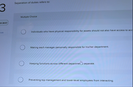 Separation of duties refers to: Multiple Choice