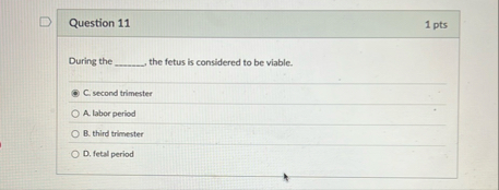 Question 1 1 1 pts During the the fetus is