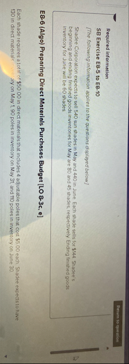 Required information SB Exercise E 8 - 5 to E 8 -