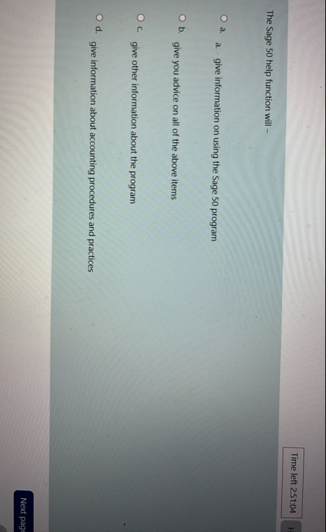 The Sage 5 0 help function will - a . a . give