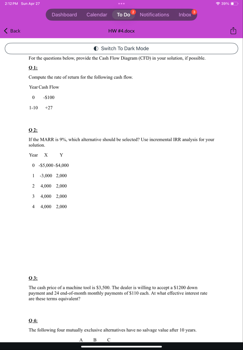 2 : 1 2 PM Sun Apr 2 7 3 9 % Dashboard Calendar