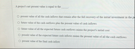 A project's net present value is equal to the