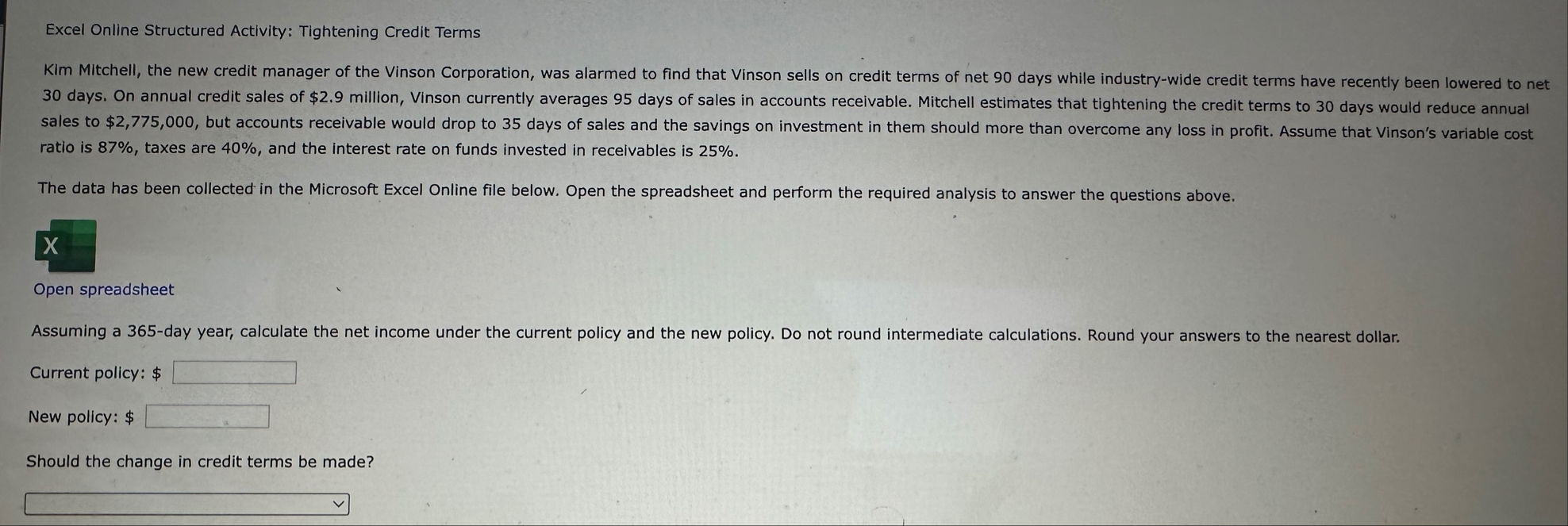 Excel Online Structured Activity: Tightening