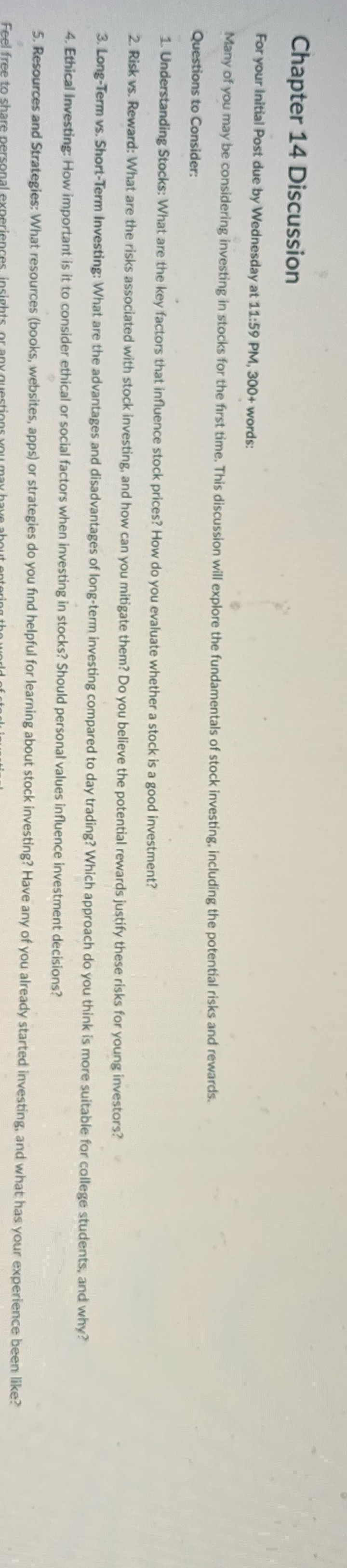 Finance 100 Chapter 14 Discussion For your