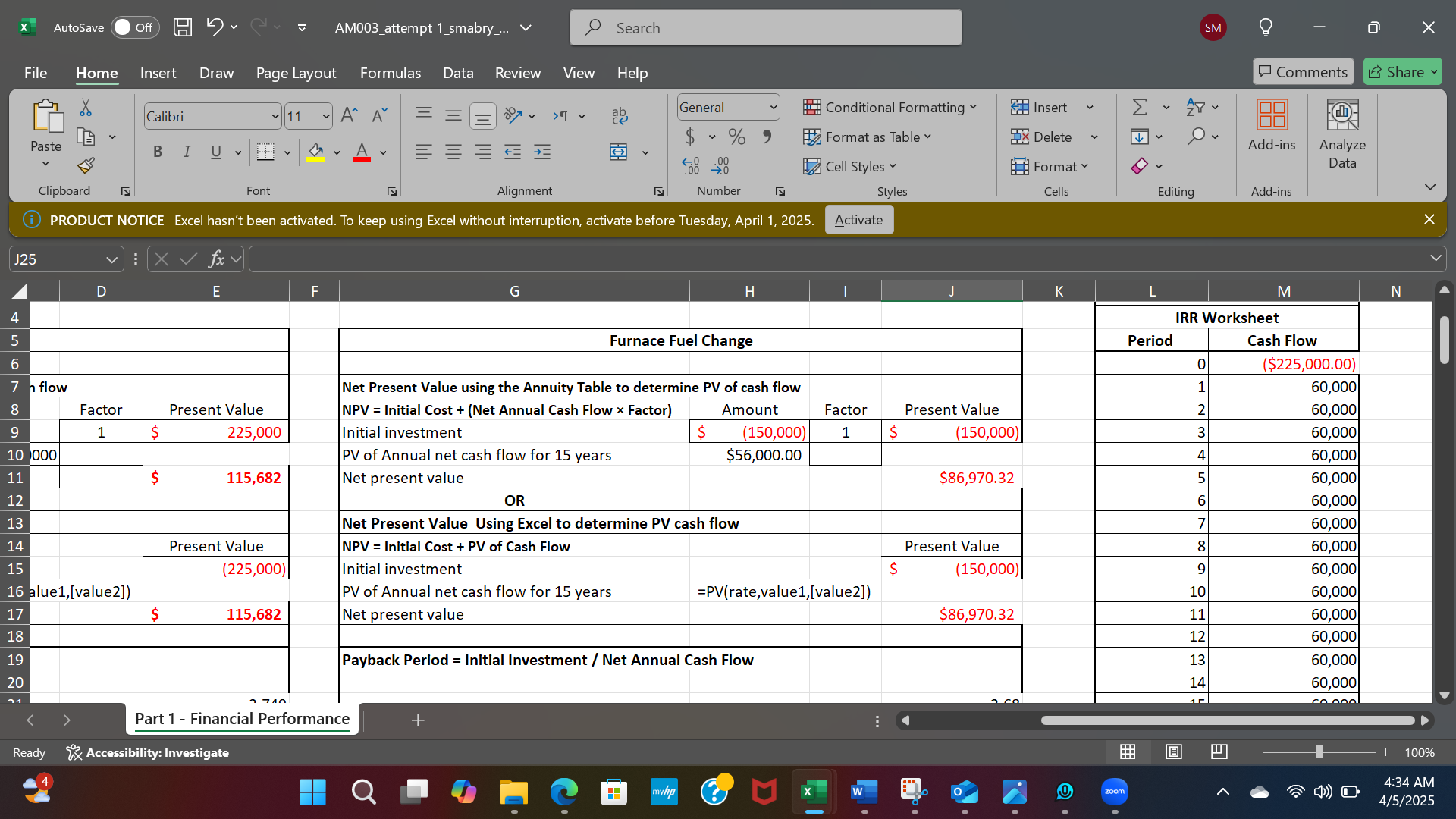 What is the PV cash flow for 15 years for Air