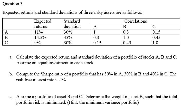 Question 3 Expected returns and standard