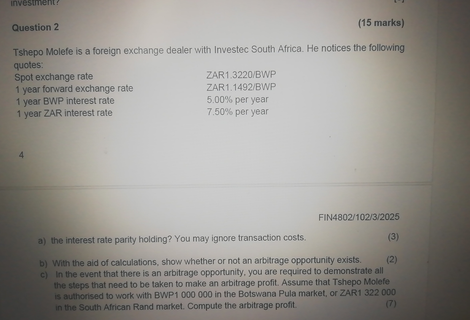 Question 2 ( 1 5 marks ) Tshepo Molefe is a