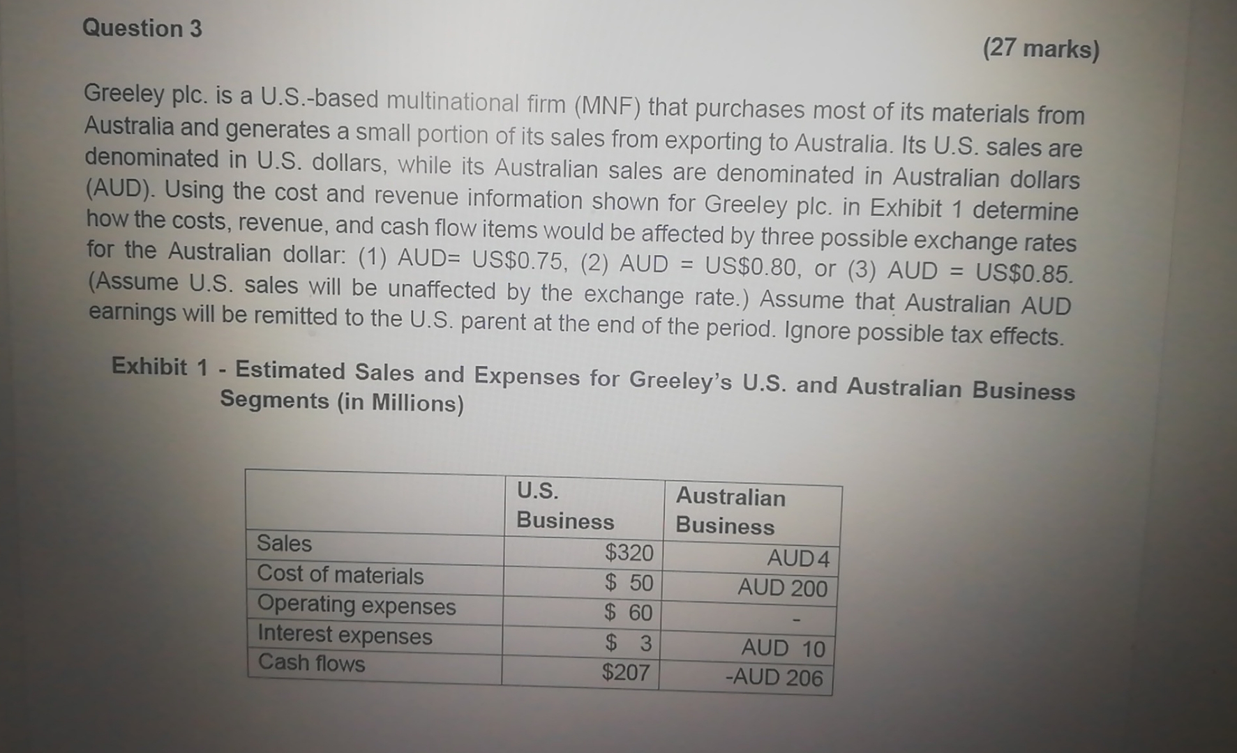 Question 3 ( 2 7 marks ) Greeley plc . is a U . S