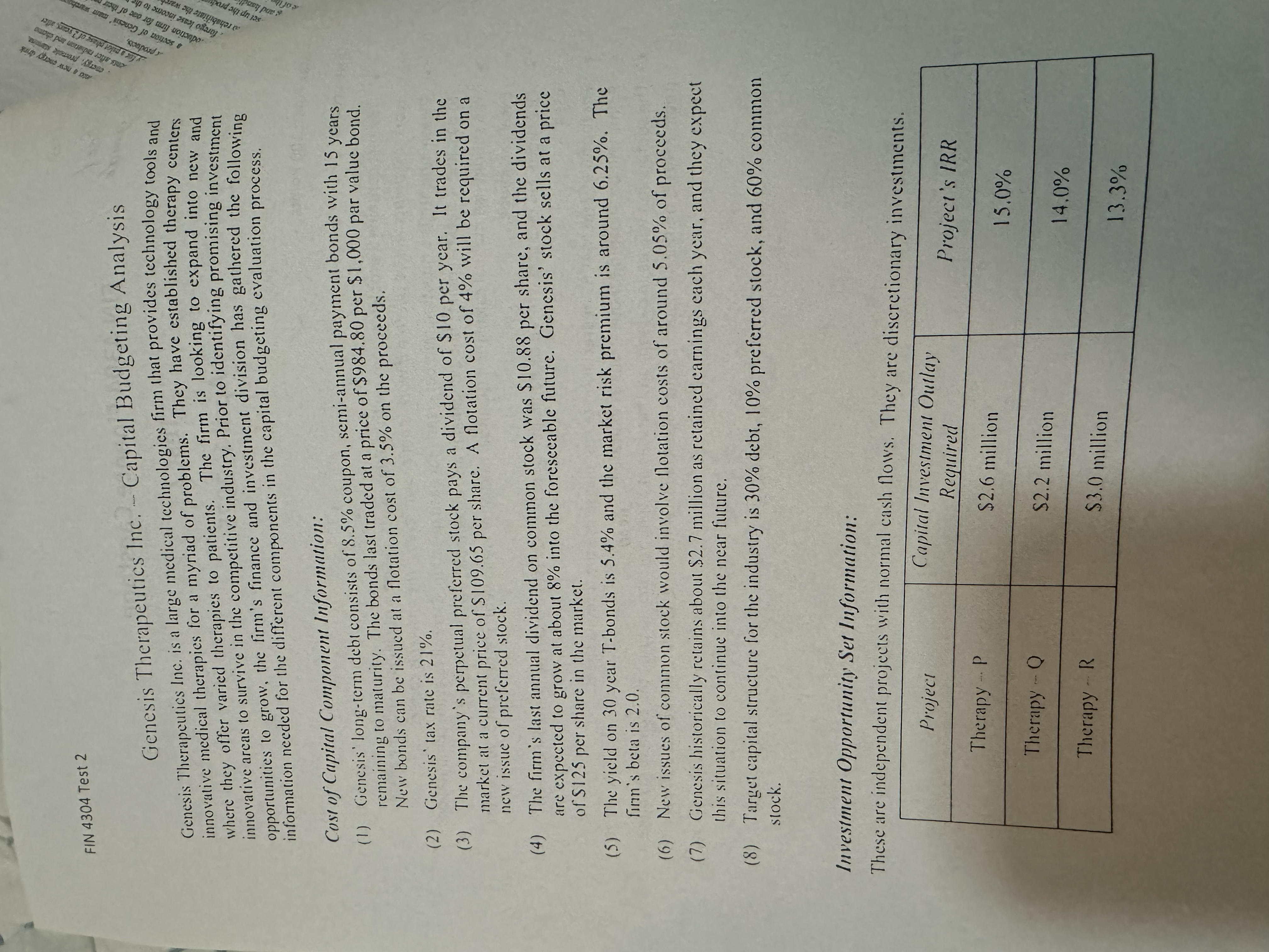 \f\f\fFIN 4304 Test 2 a) Using the NPV evaluation