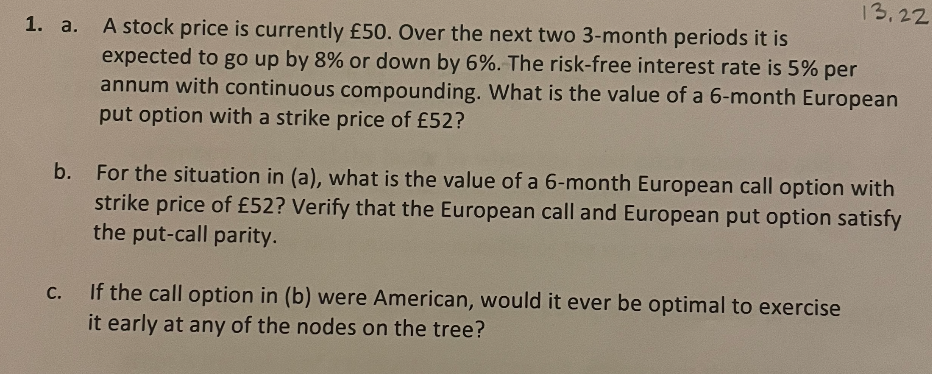 1 . a . A stock price is currently \ ( 5 0 \ ) .