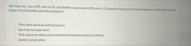 See - Saw, Inc., has a P / E ratio of 4 5 , and
