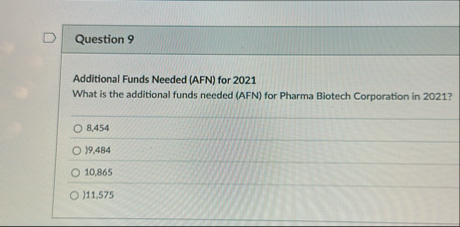 Question 9 Additional Funds Needed ( AFN ) for 2