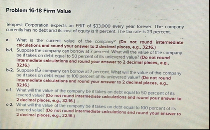 Problem 1 6 - 1 8 Firm Value Tempest Corporation