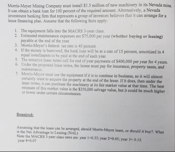 Finance help Morris - Meyer Mining Company must