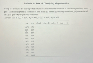 Problem 1 s Sets of ( Pertfolio ) Opportunitics