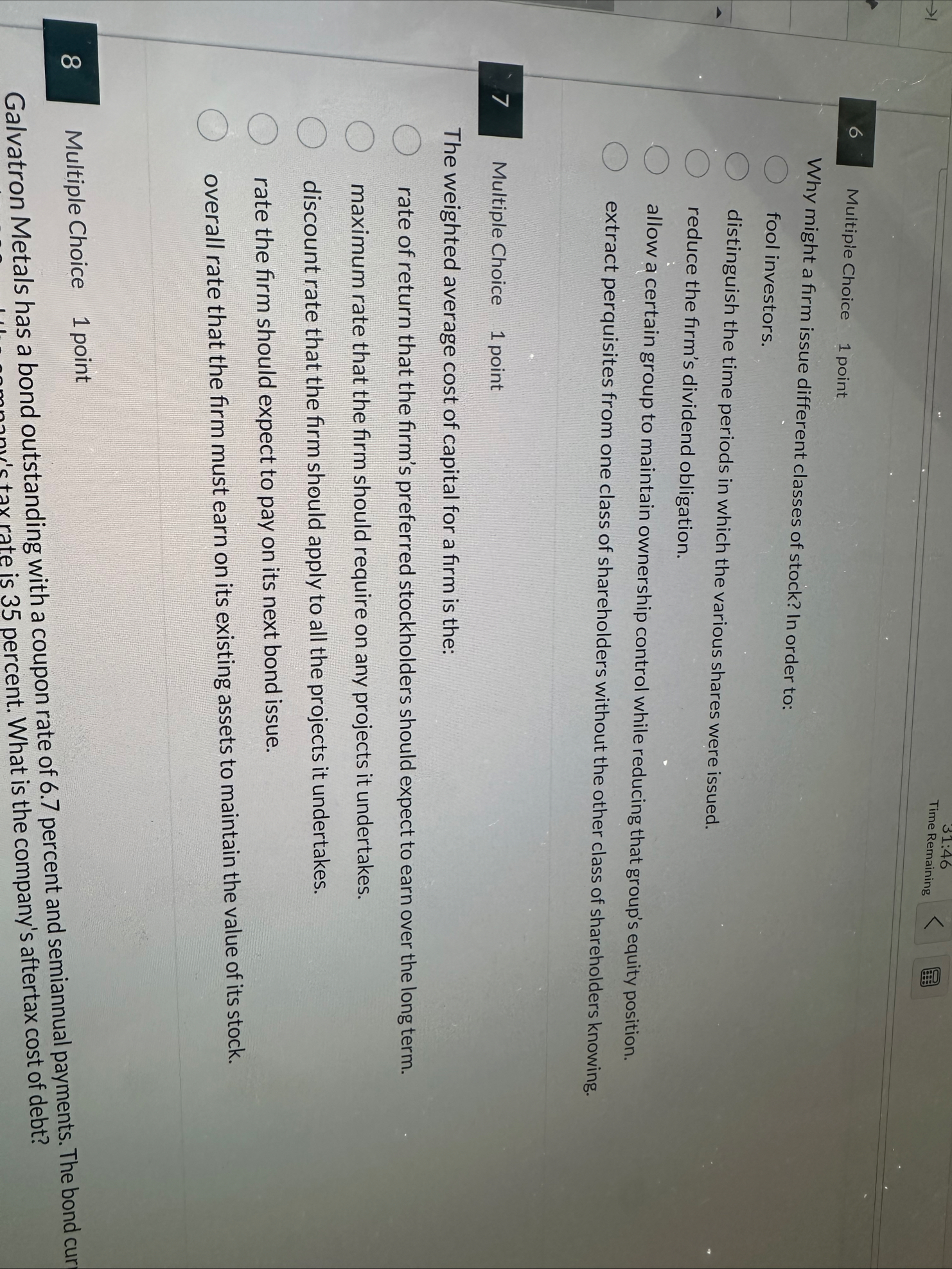 3 1 : 4 6 Time Remaining 6 Multiple Choice 1
