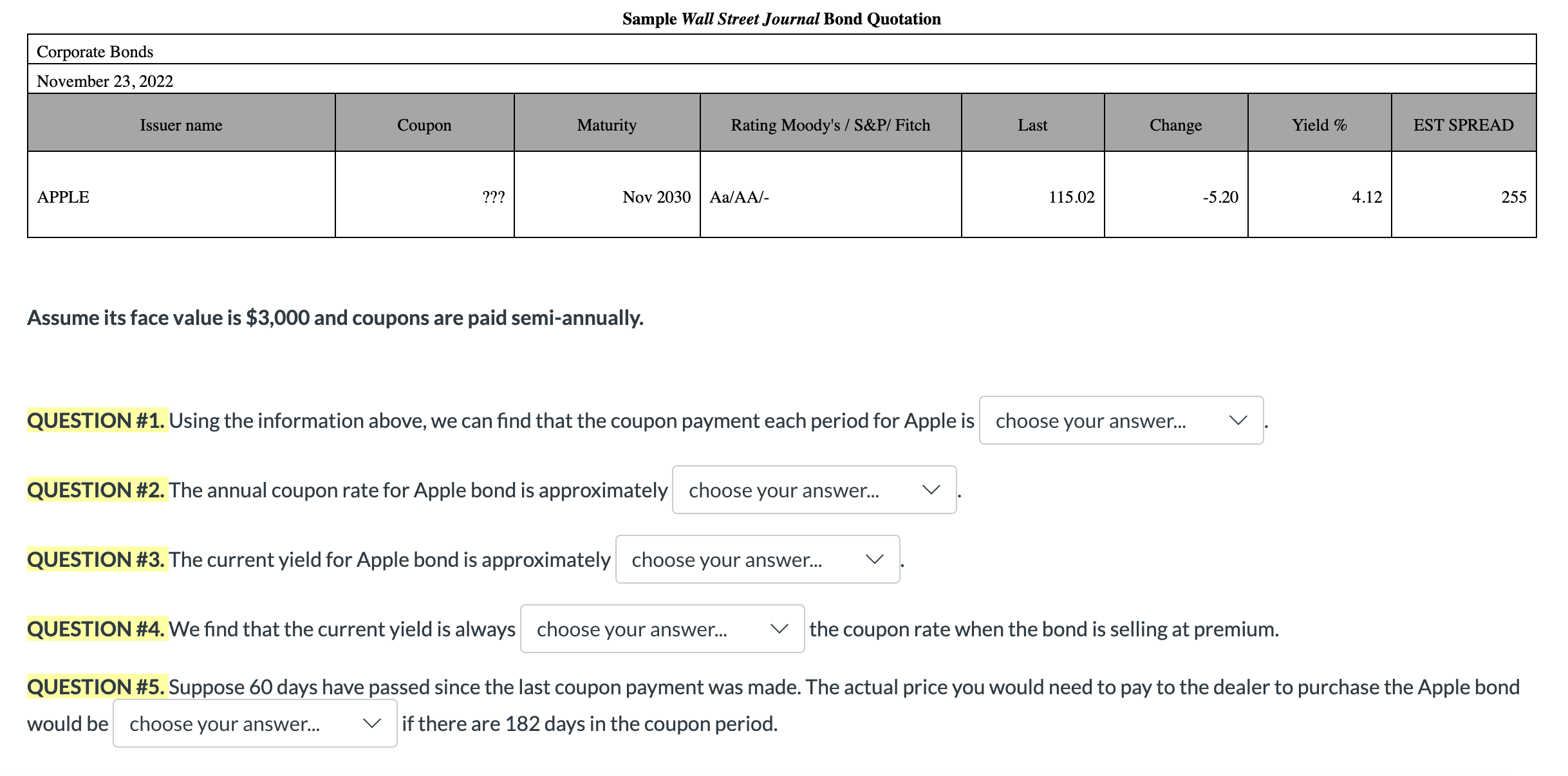 Sample Wall Street Journal Bond Quotation Assume