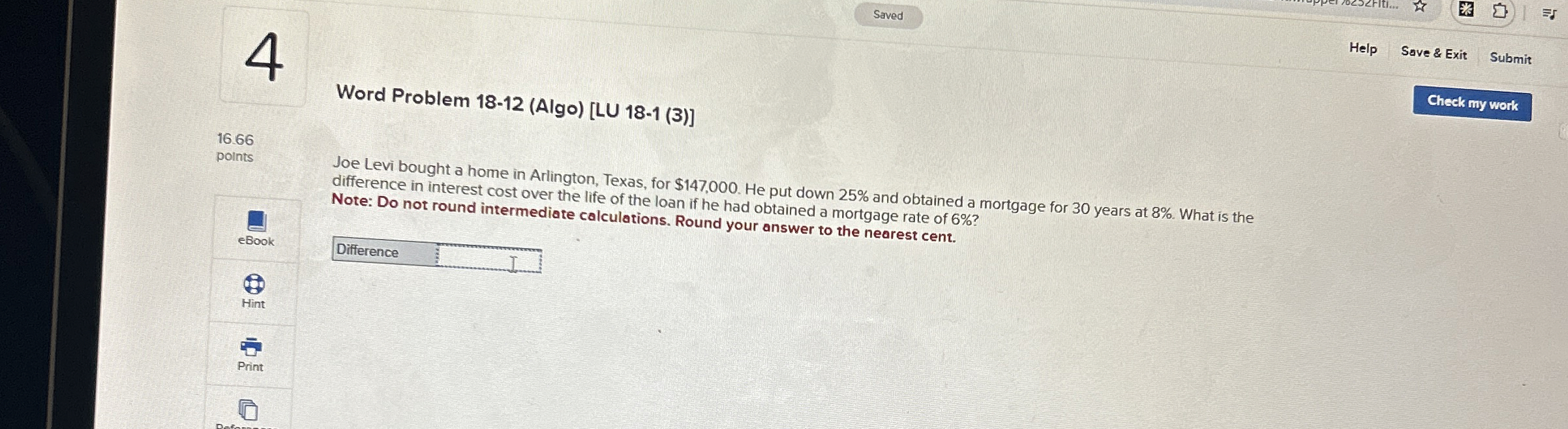 4 Help Save & Exit Submit Word Problem 1 8 - 1 2