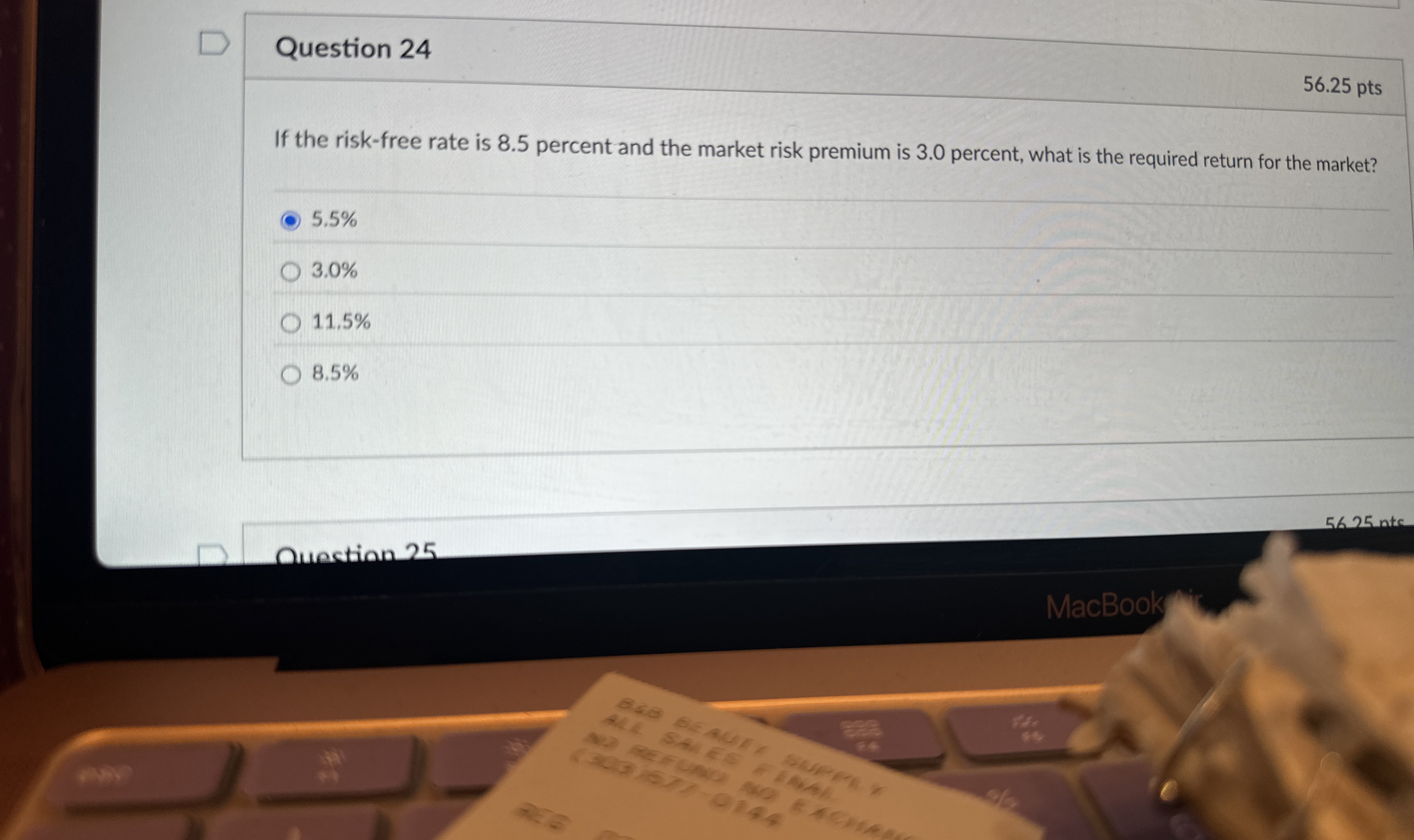 Question 2 4 5 6 . 2 5 pts If the risk - free