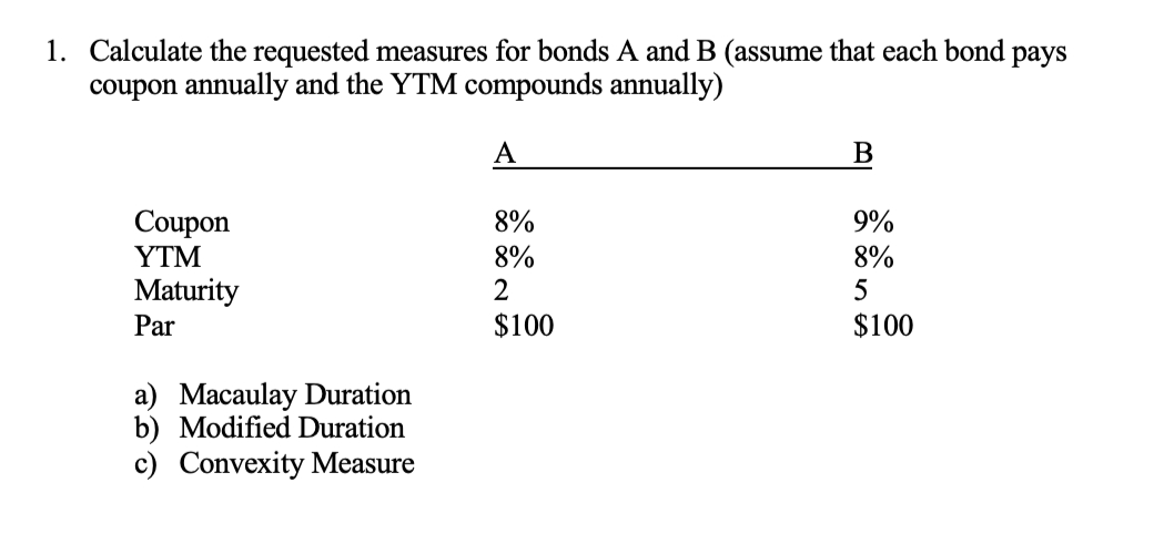 1 . Calculate the requested measures for bonds A