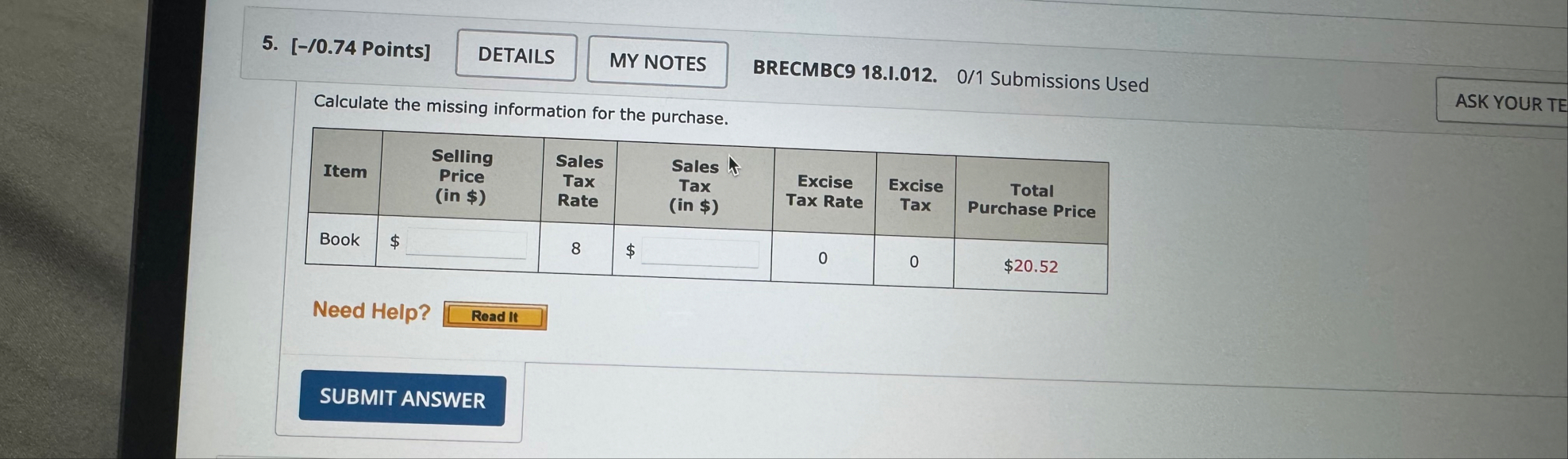 [ - / 0 . 7 4 Points ] BRECMBC 9 1 8 . I . 0 1 2