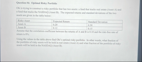 Question # 6 : Optimal Risky Pertfolio Obi is