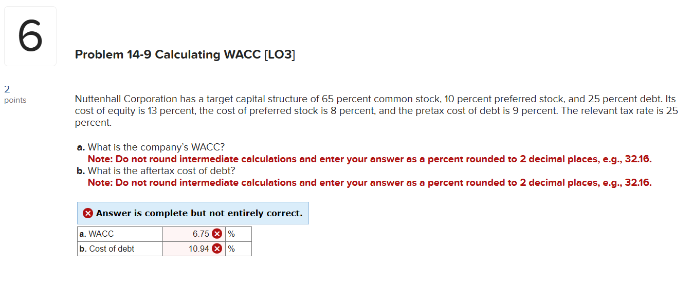 6 p Problem 1 4 - 9 Calculating WACC [ LO 3 ]