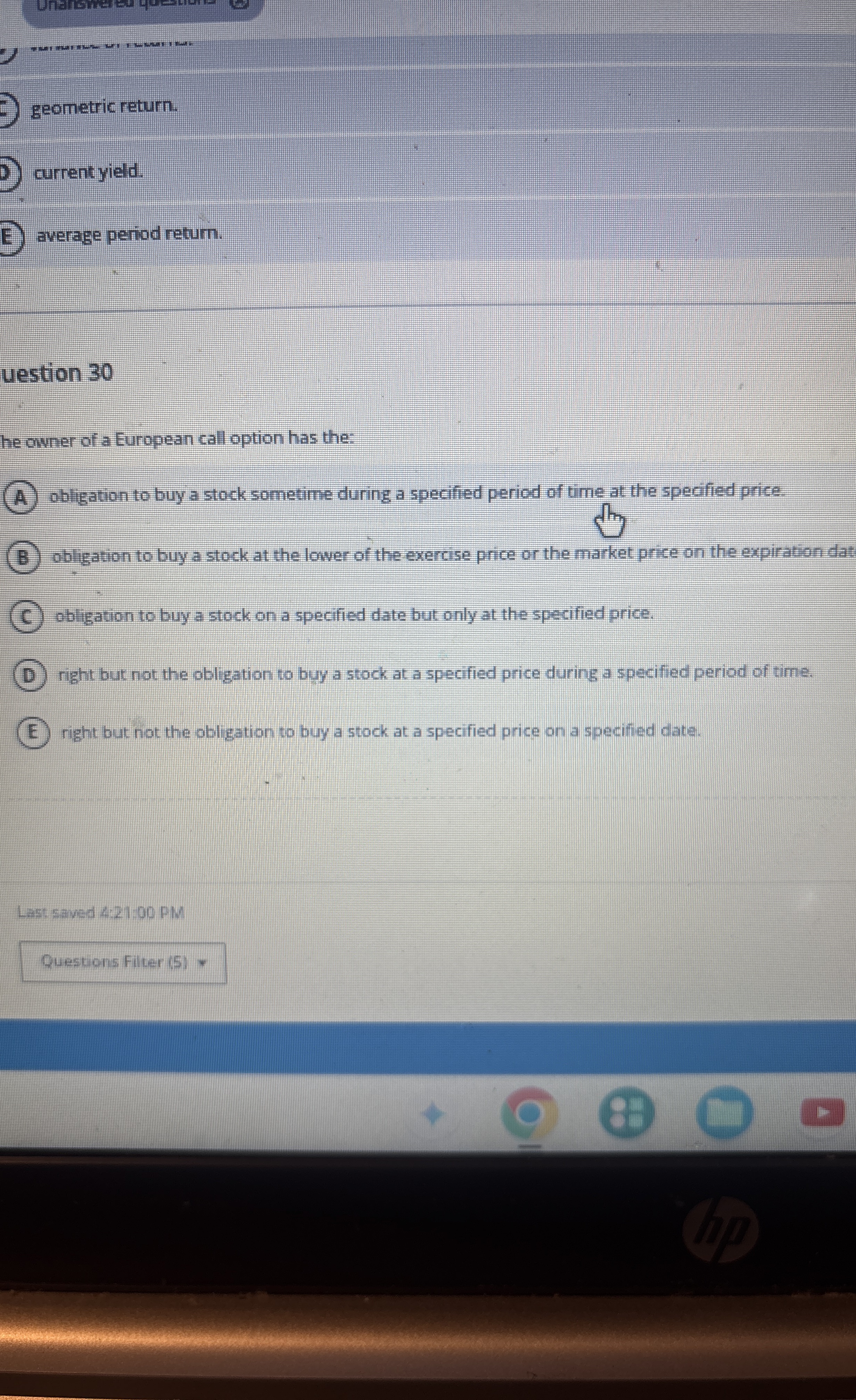 geometric return. current yield. E average period