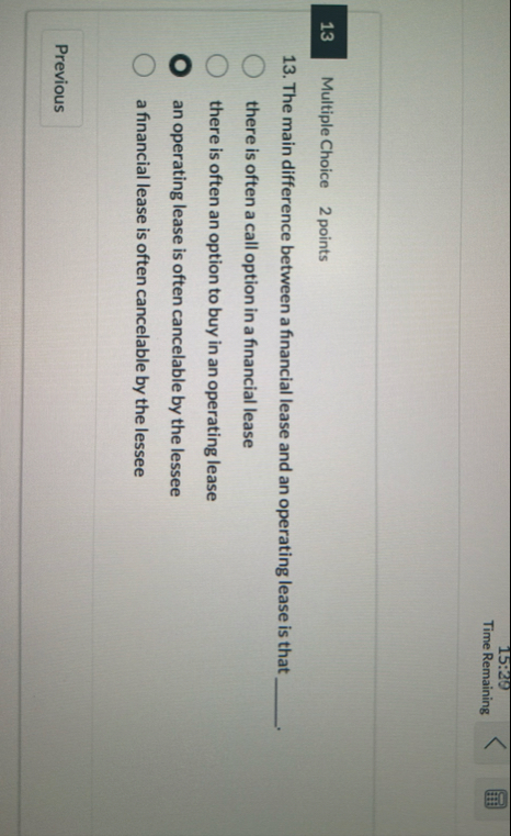 1 5 : 2 9 Time Remaining Multiple Choice 2 points