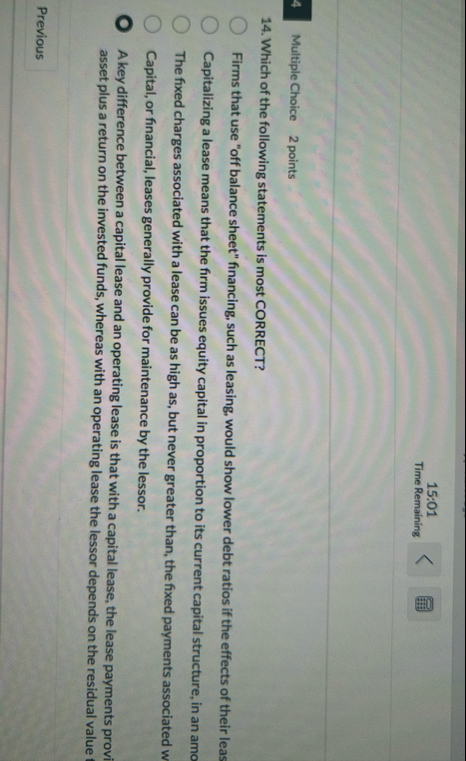 1 5 : 0 1 Time Remaining Multiple Choice 2 points