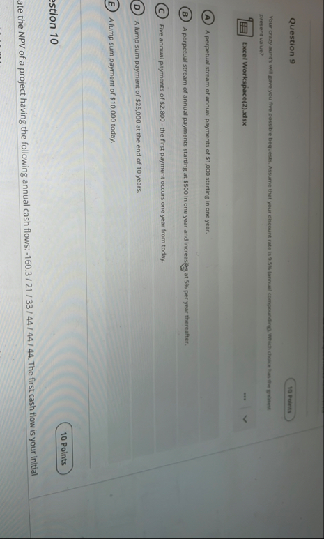 Question 9 present value? Excel Workspace ( 2 ) .