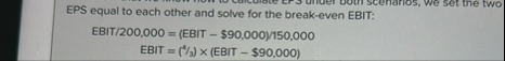 EPS equal to each other and solve for the break -