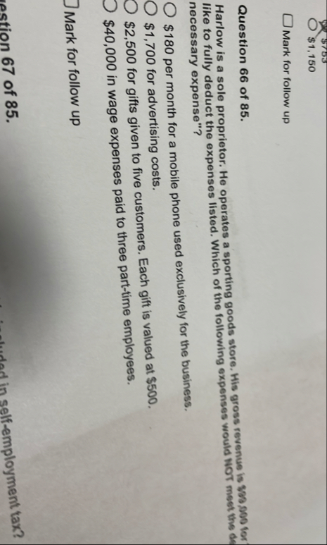 $ 1 0 3 $ 1 , 1 5 0 Mark for follow up Question 6