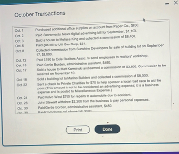 October Transactions Oet 1 Oct 2 OtL 3 Oct 6 Oct