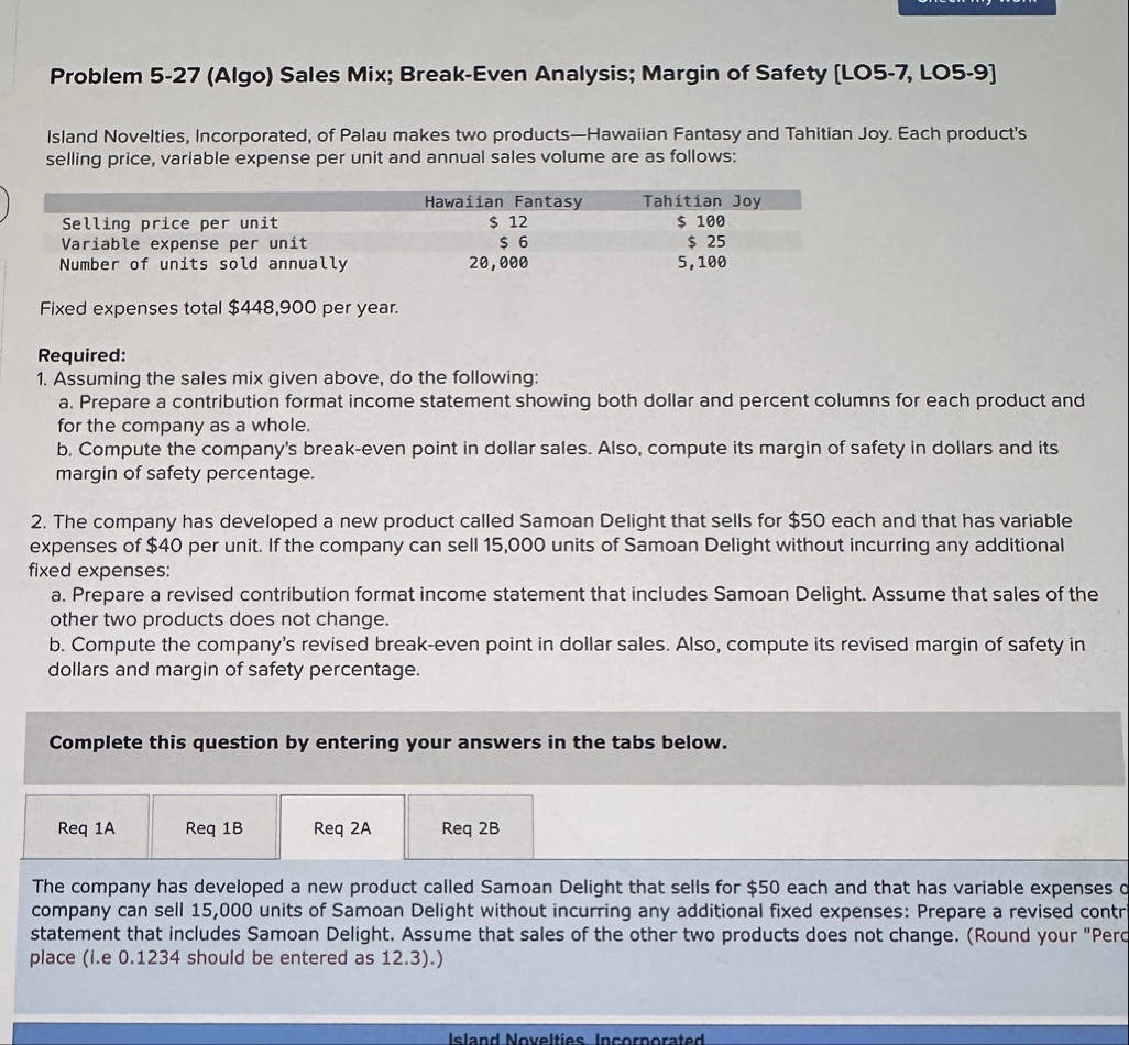 Problem 5 - 2 7 ( Algo ) Sales Mix; Break - Even