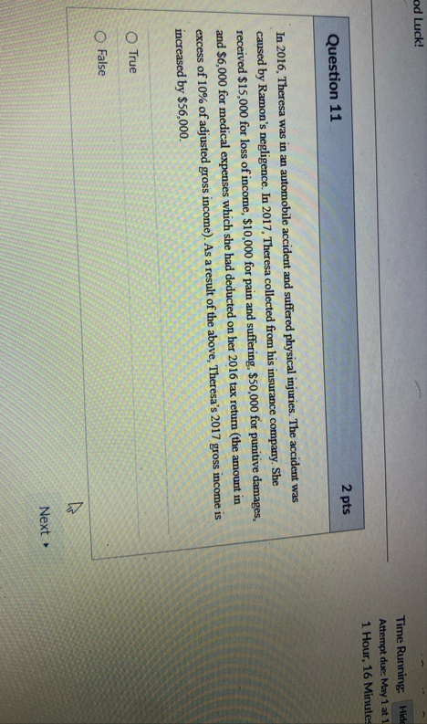 od Luck! Time Running: Attempt due: May 1 at 1