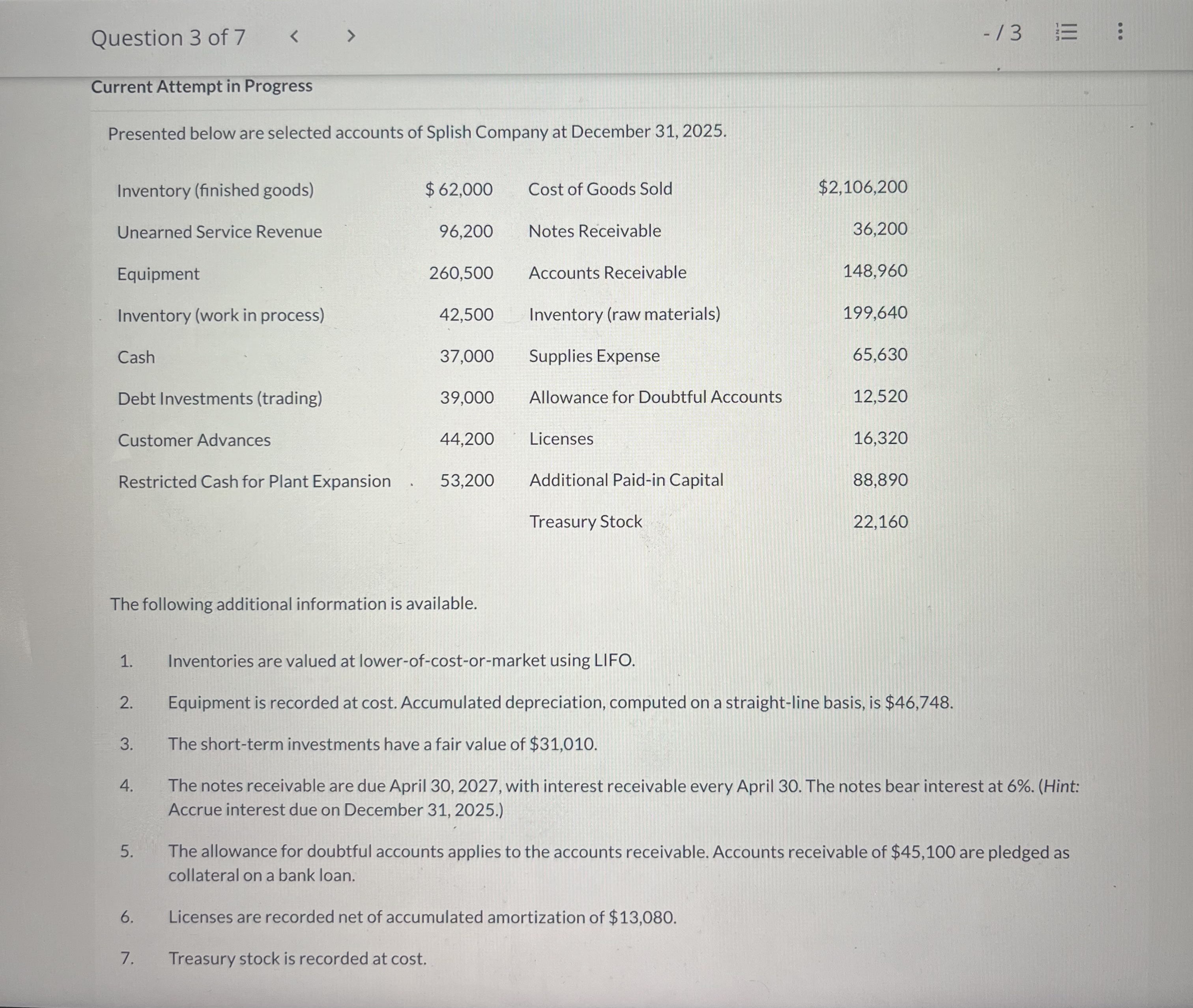 Question 3 of 7 Current Attempt in Progress