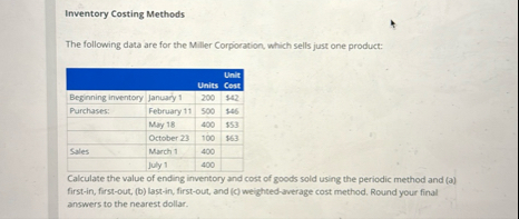 Inventory Costing Methods The following data are
