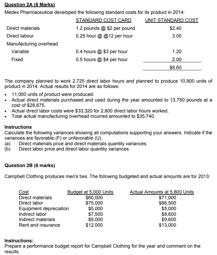 Question 2 A ( 6 Marks ) Medex Pharmaceutical