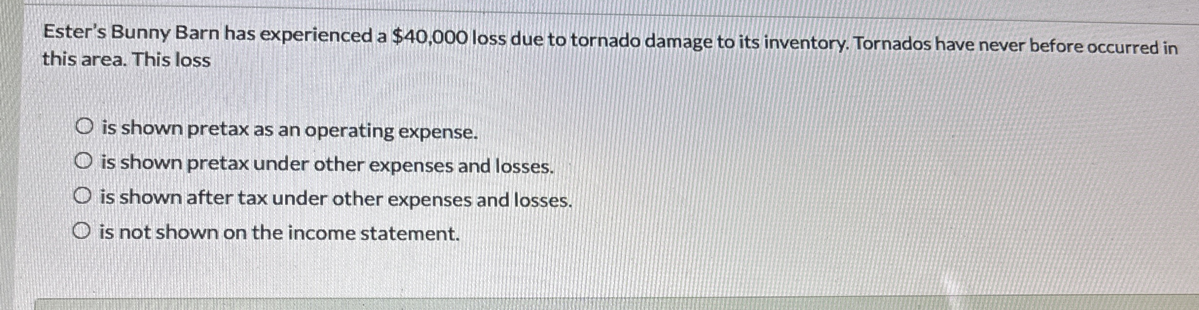 Ester's Bunny Barn has experienced a $ 4 0 , 0 0