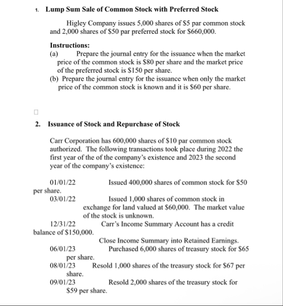 Lump Sum Sale of Common Stock with Preferred