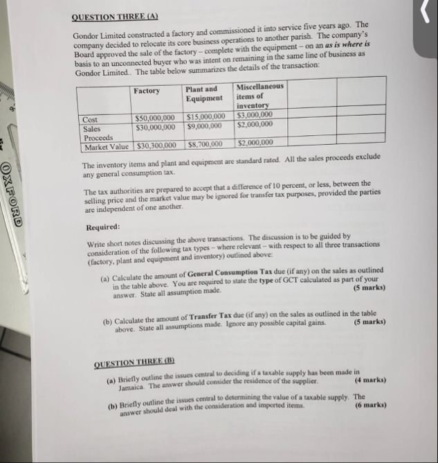 QUFSTION THREE ( A ) Gondor Limited constructed a