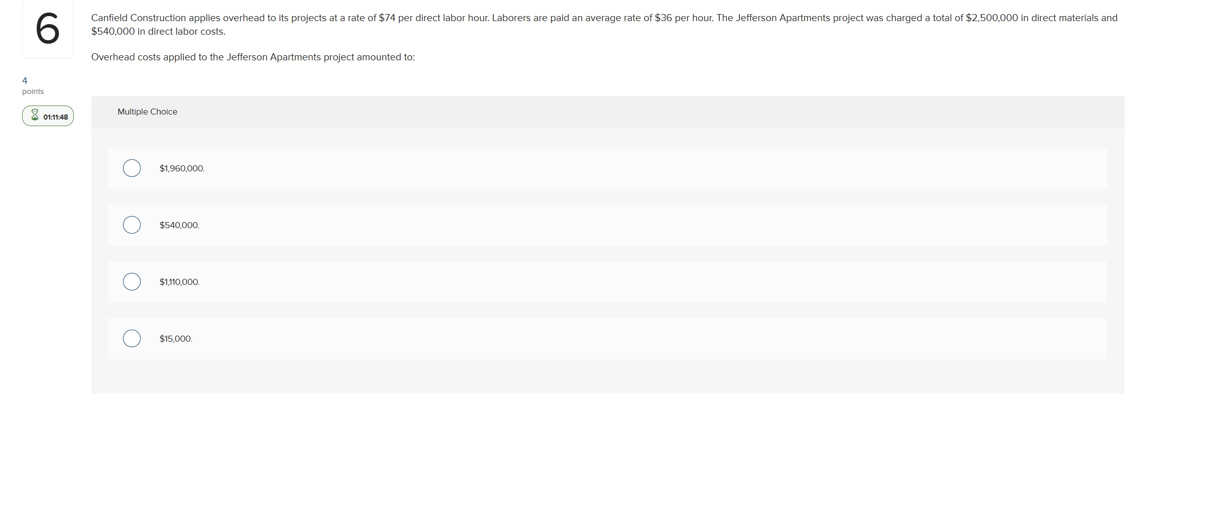 \ $ 5 4 0 , 0 0 0 in direct labor costs. Overhead