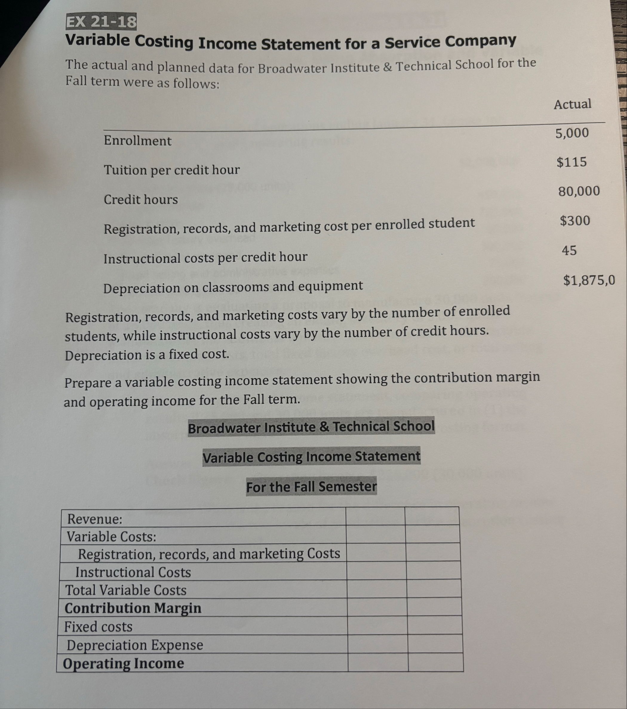 EX 2 1 - 1 8 Variable Costing Income Statement
