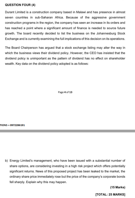 QUESTION FOUR ( 4 ) Durant Limited is a