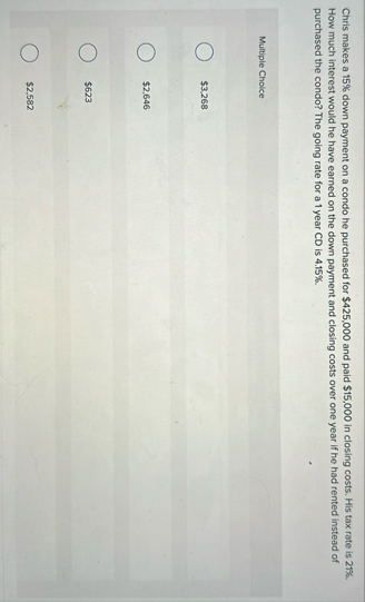 Chris makes a 1 5 % down payment on a condo he