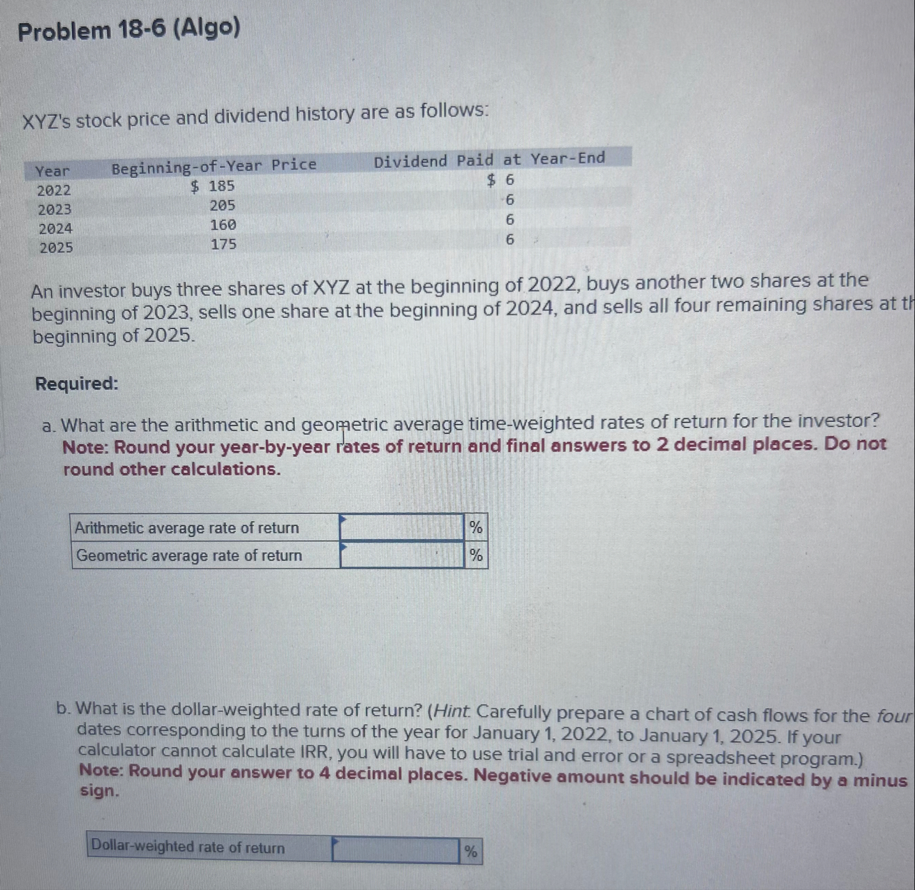 Problem 1 8 - 6 ( Algo ) XYZ ' s stock price and