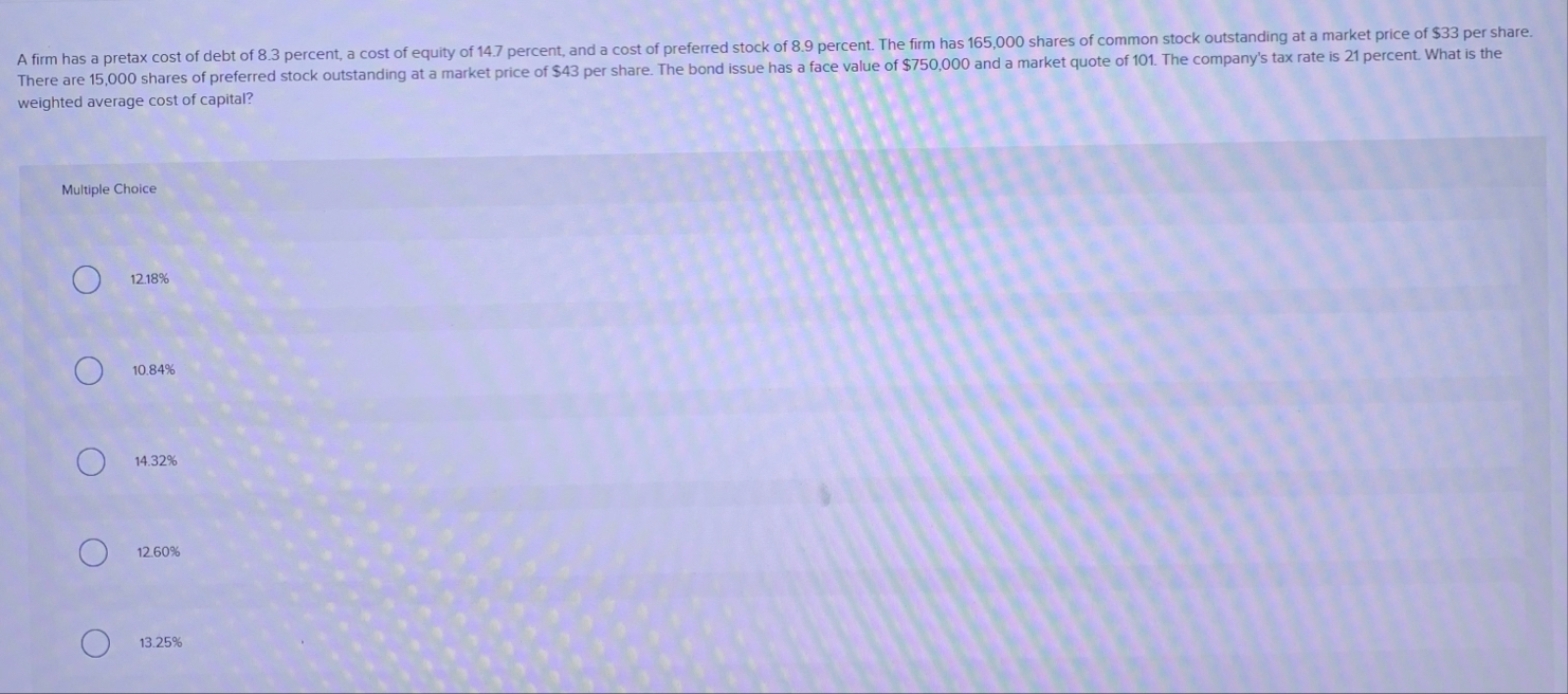 weighted average cost of capital? Multiple Choice