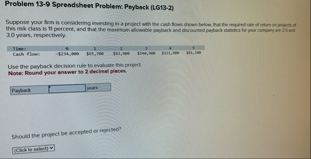 Problem 1 3 - 9 Spreadsheet Problem: Payback ( LG